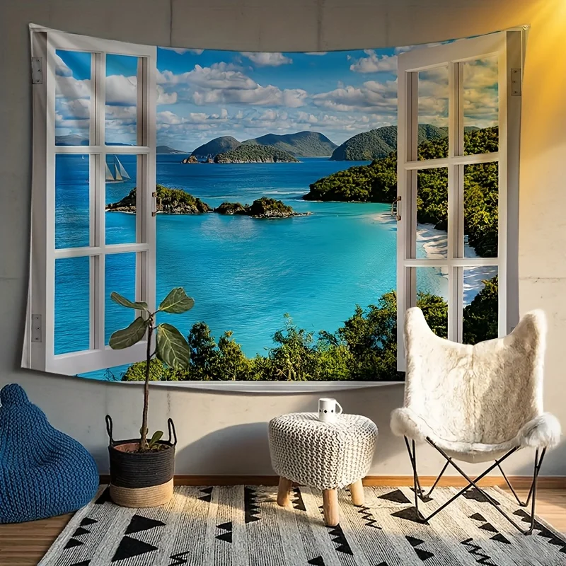 VIKAMA 3D Window Sea View Tapestry Tropical Island Ocean Scenery Open Window Landscape Wall Hanging Bedroom
