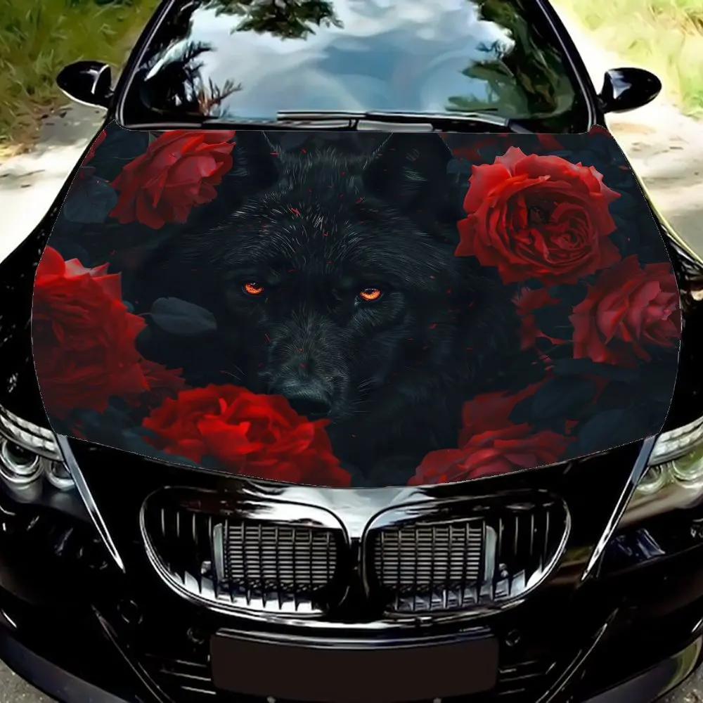 

Red Rose And Black Wolf Car Hood Sticker - Premium Vinyl Sticker For Automotive Exterior Customization, Durable PVC Vinyl Wrap F