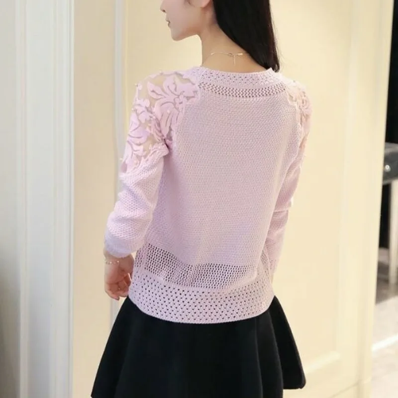 Pull à col rond pour femme, creux avec dentelle, maille perlée, mode astronomique, manches longues, printemps et automne