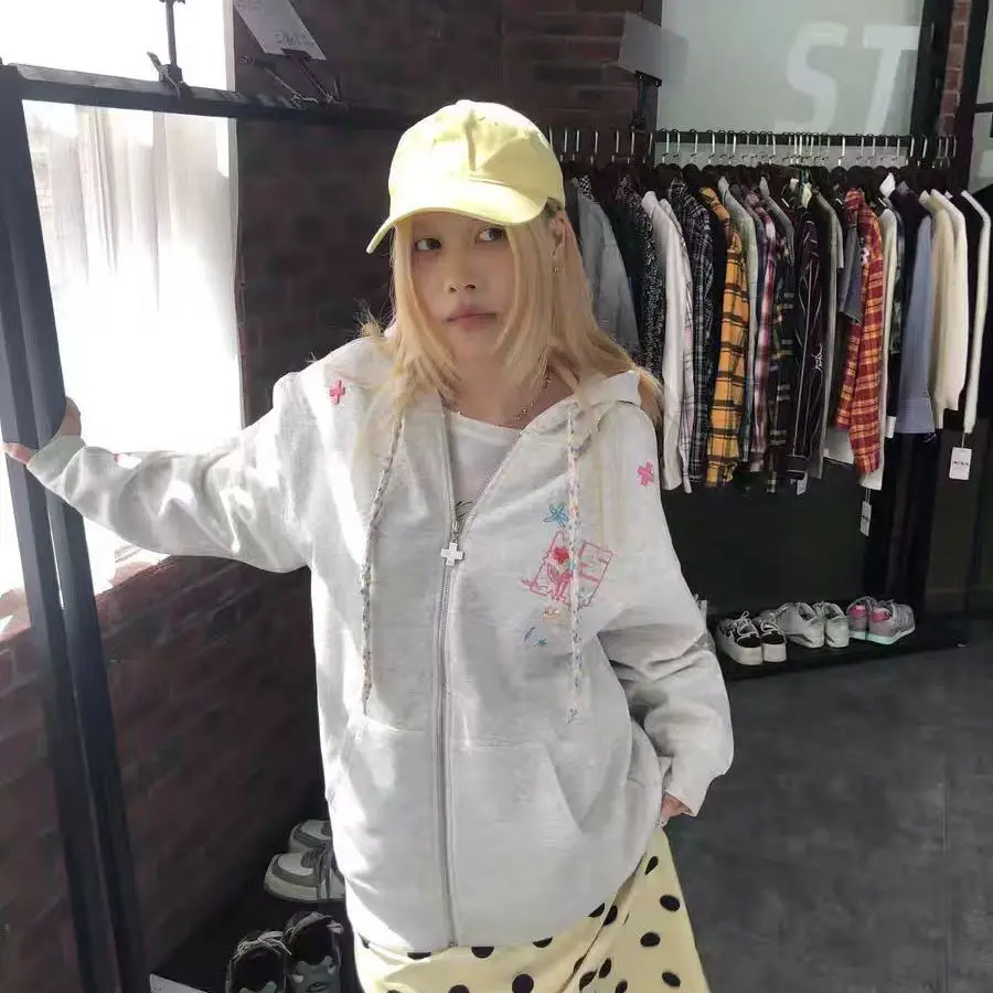 

American Printed Long-Sleeved Hooded Sweatshirt Cardigan Women Autumn Winter New Niche Design Relaxed Casual Versatile Jacket