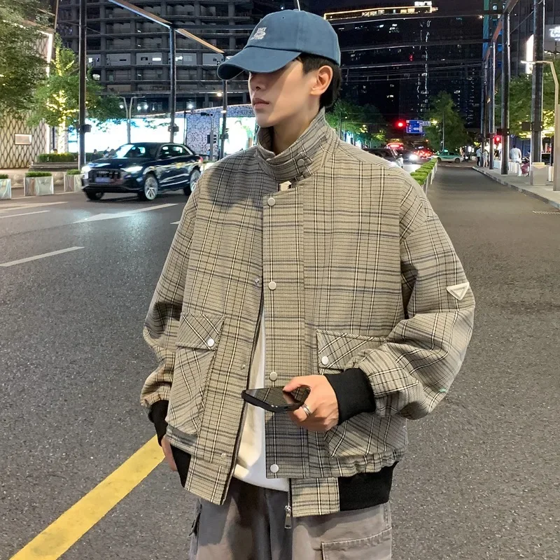 Men Casual Baggy Windbreaker Coat Over sized Loose Clothes Contrast Color Stand Pockets Plaid Jacket for