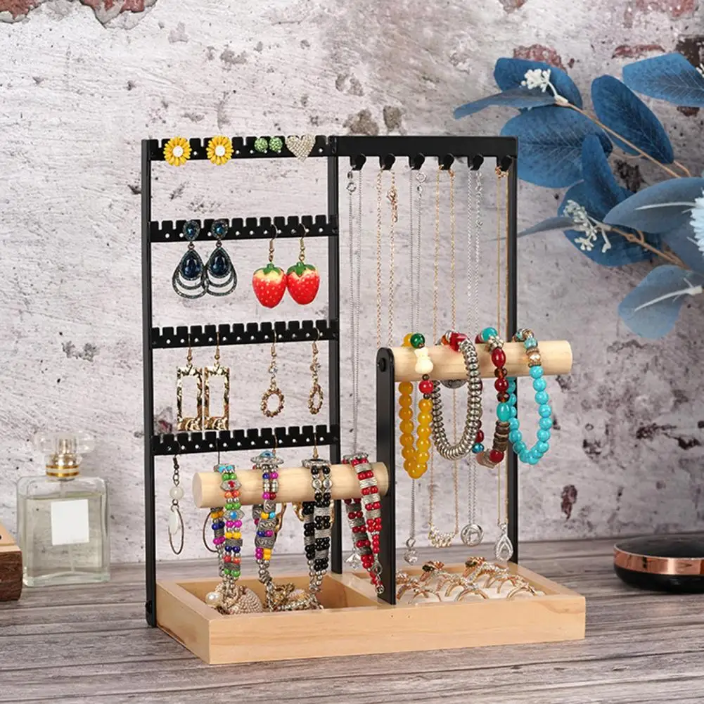 Multi-Tier Jewelry Organizer Stand with Wooden Tray Necklaces Earrings Bracelets Rings Jewelry Display Stand Shelf