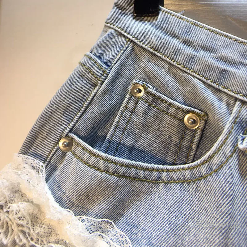 European Style Denim Shorts, Lace Patchwork Denim Shorts, 2025 Summer New Splicing Cloth, High Waist Hot Pants