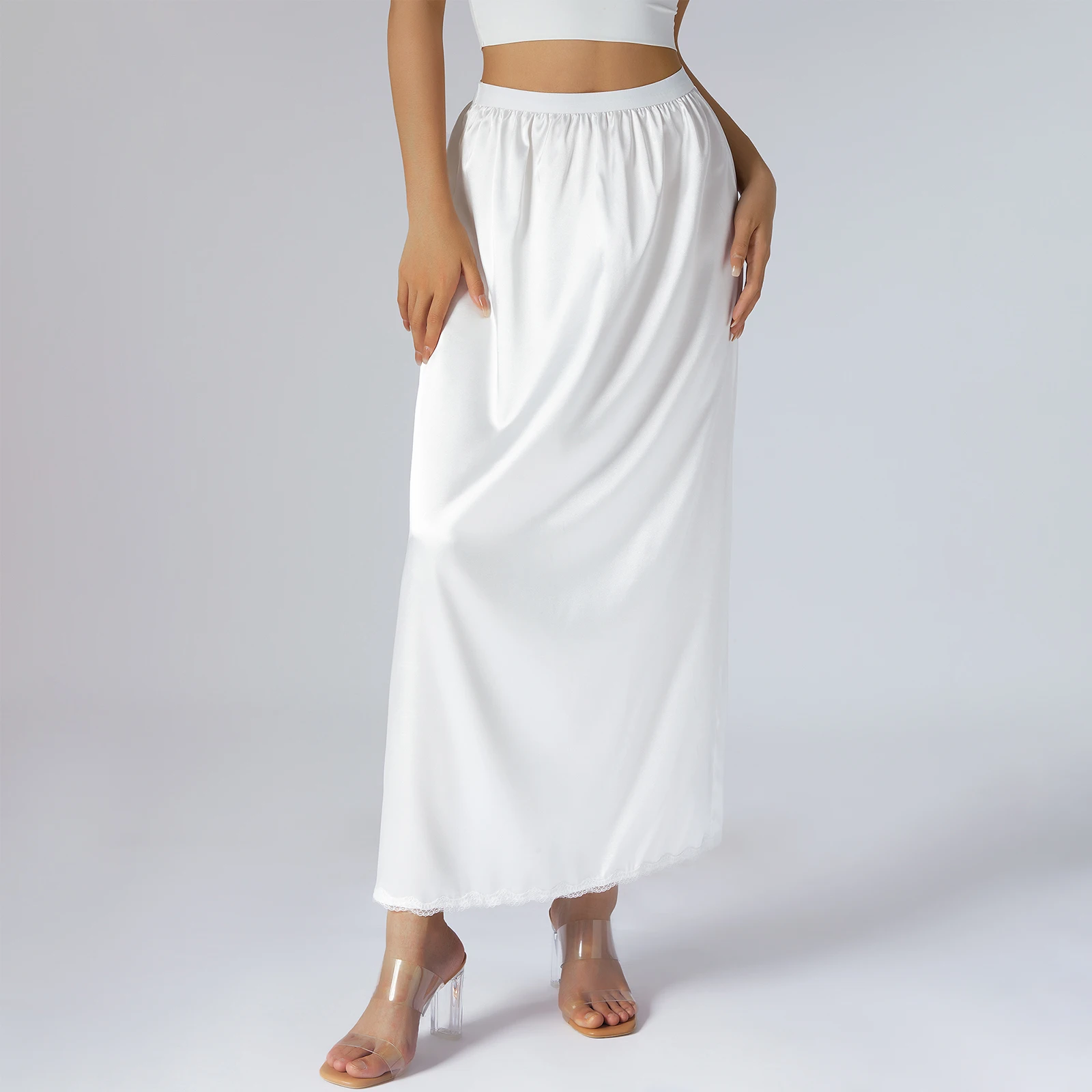 Elastic Waist Inner Lining Midi Skirt Women Solid Color Satin Half Slip Underskirt Long Underskirt for Ladies White/Black/Yellow