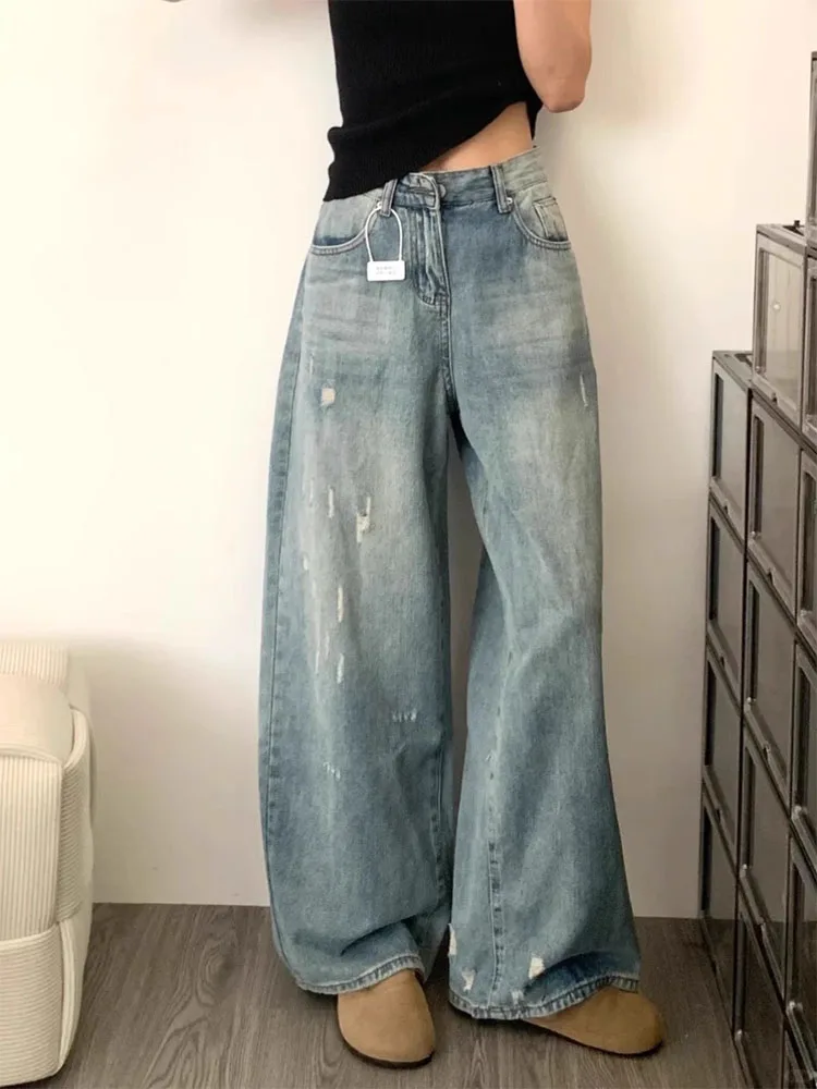 

High Waist Wide Leg Denim Jeans Women plus Size Faded Waed Hole Design Slimming Ankle-Length Straight Cut Trousers