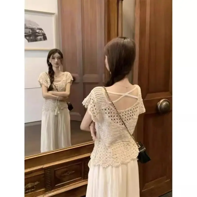 Summer Crochet Tops With Drawstring Waist Fly Sleeves Hollow-out Knit Crop Top Lace Blouse Women