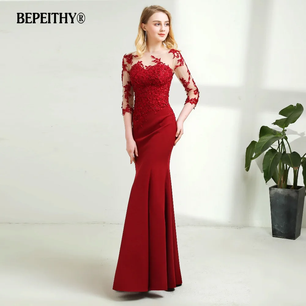 BEPEITHY Customized O-neck Mermaid Evening Dress For Women Sheer Three Quarter Sleeves Robe De Soirée Floor Length Prom Dresses