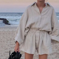 Two Piece Set Women Home Suit 2024 Cotton Linen Shorts Pajamas Sets Vintage Boho Shirt High Waist Loose Shorts Sets Sleepwear