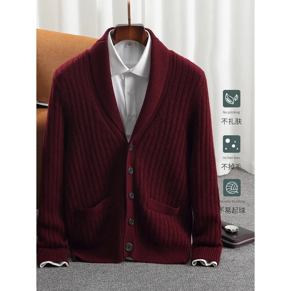Modny i elegancki gruby zimowy męski ciepły kardigan z kaszmiru, rozpinana kurtka, luźny sweter z dzianiny. — 2