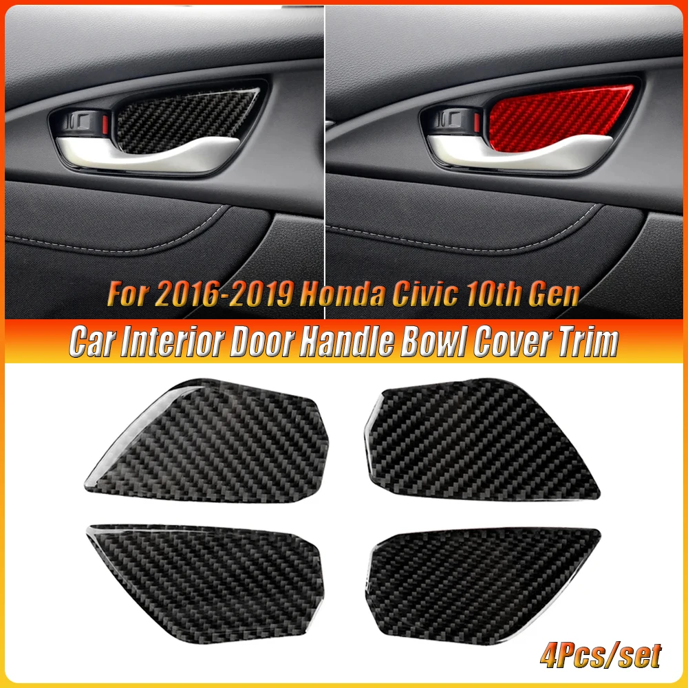 For 2016-2019 Honda Civic 10th Gen 4Pcs Car Door Handle Bowl Cover Trim Carbon Fiber Decor Sticker Car Interior Accsesories