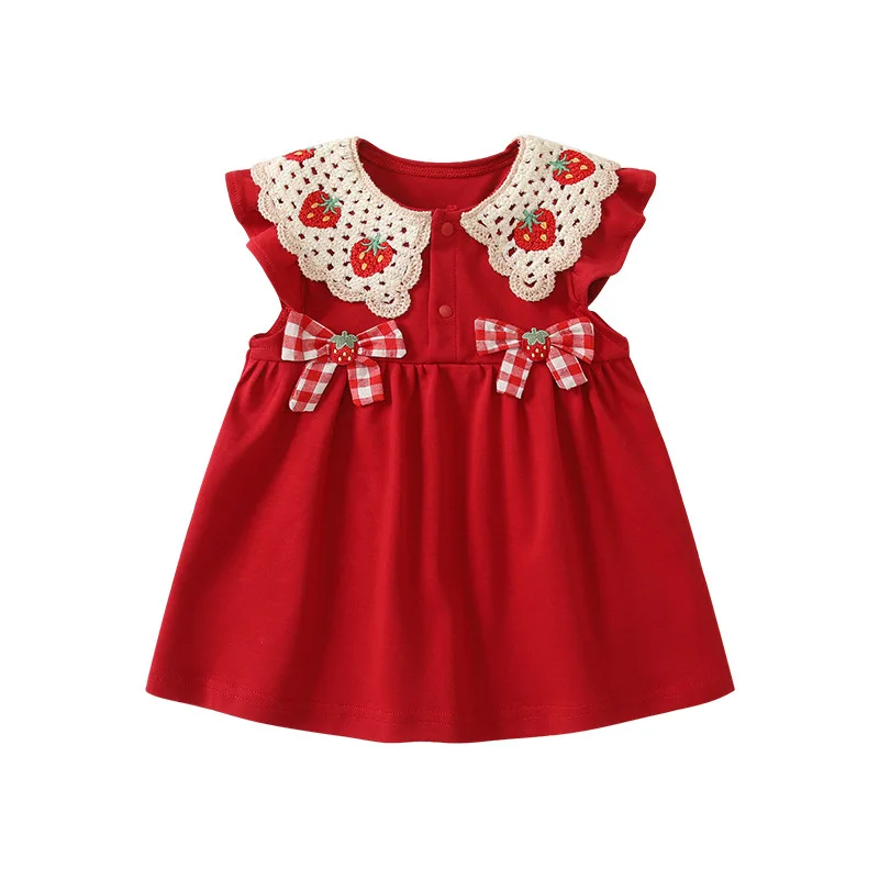 

Summer Baby Girl Sleeveless Strawberry Print Princess Dress Red Double Mesh Skirt Breathable Cute Sweet Girl Costume 1-3 Years
