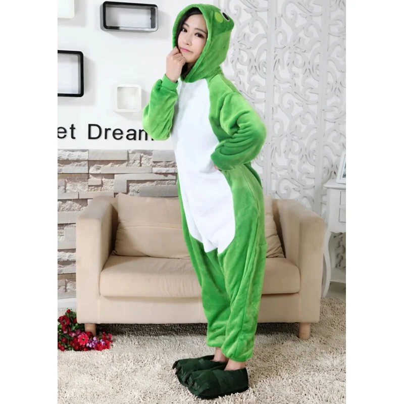 Green Frog Pajamas Adult Animal Onesie for Women Men Couple Winter Nightwear Coral Fleece Warm Sleepwear Flannel Pijamas Pyjamas