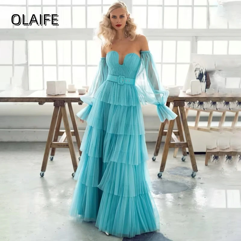 Sweetheart Detachable Long Sleeve Belt Tiered Layered Tulle Customized Prom Gowns Lace Up Evening Dresses свадебное платье