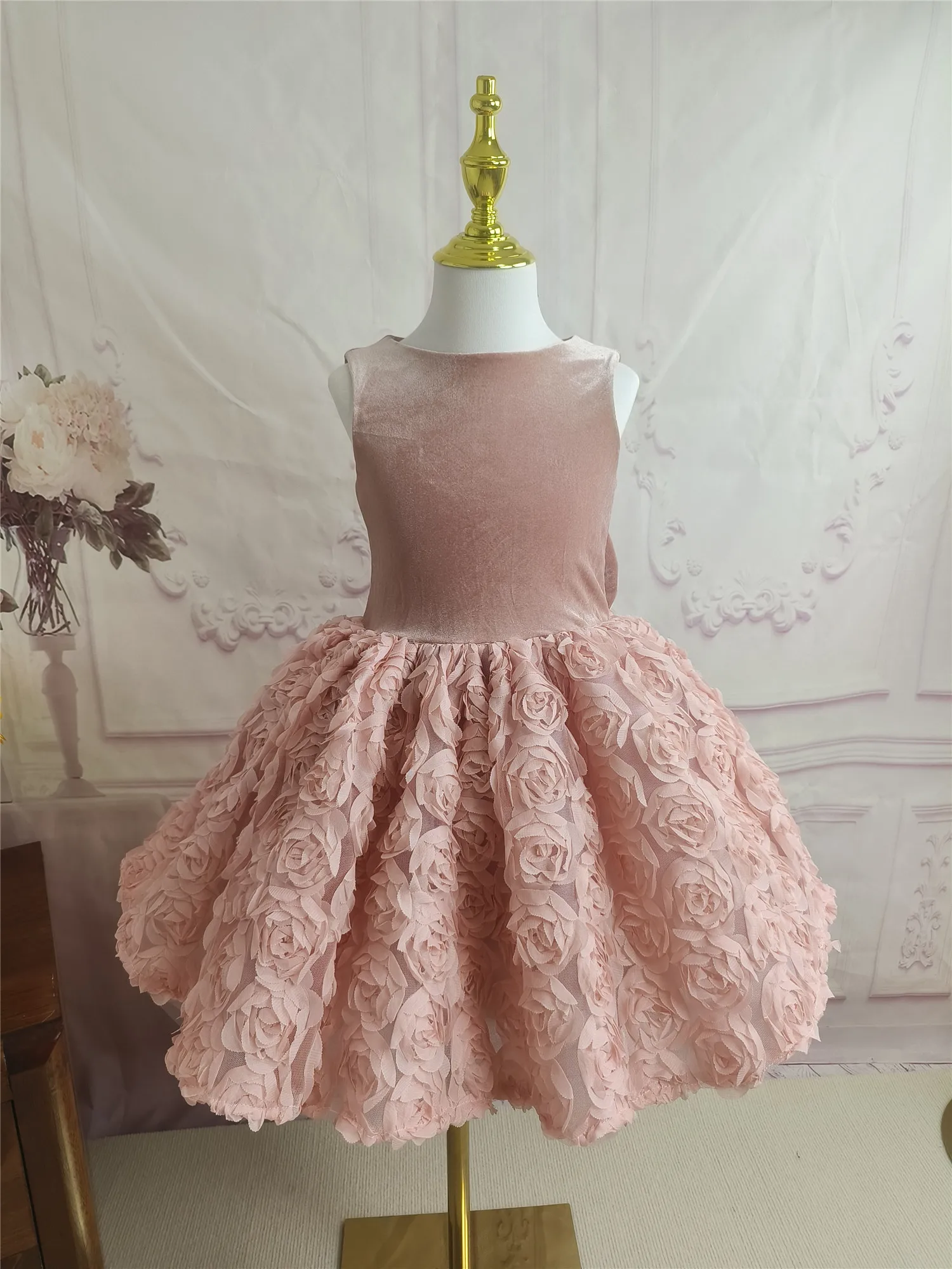 Robe de soirée en dentelle rose avec grand nœud pour filles, tutu de princesse pour enfants, robe de mariée et d'anniversaire, vêtements éducatifs