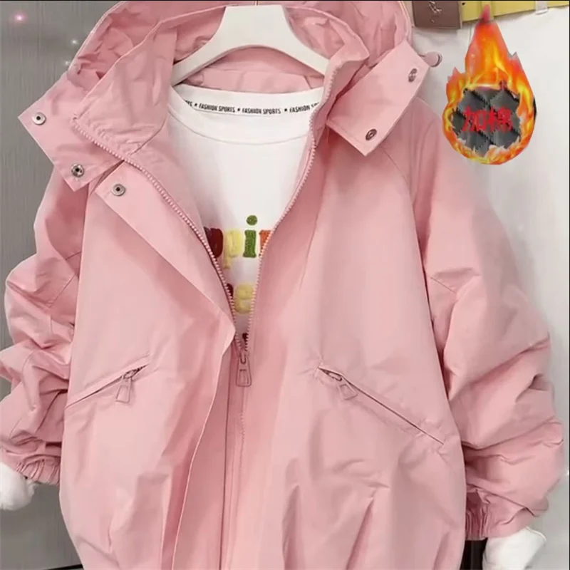Spring Autumn Ladies Hooded Lined Jacket Korean Women Long Sleeves Zipper Loose Trench Outwear Female Fashion Casual Short Coat