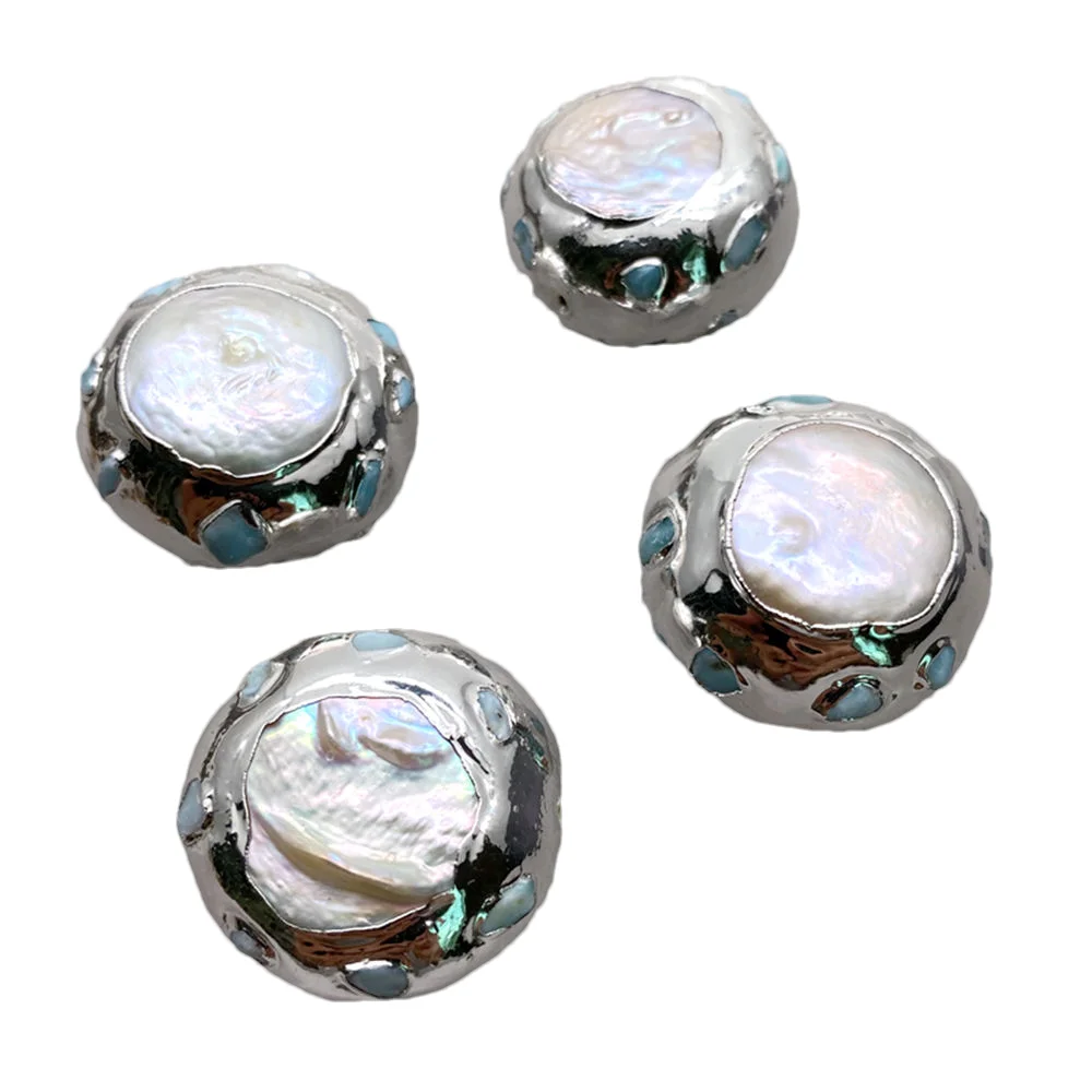 

Wholesale 5 pcs Freshwater Cultured White Coin Pearl Blue Larimar Beads White Gold Plated Beads
