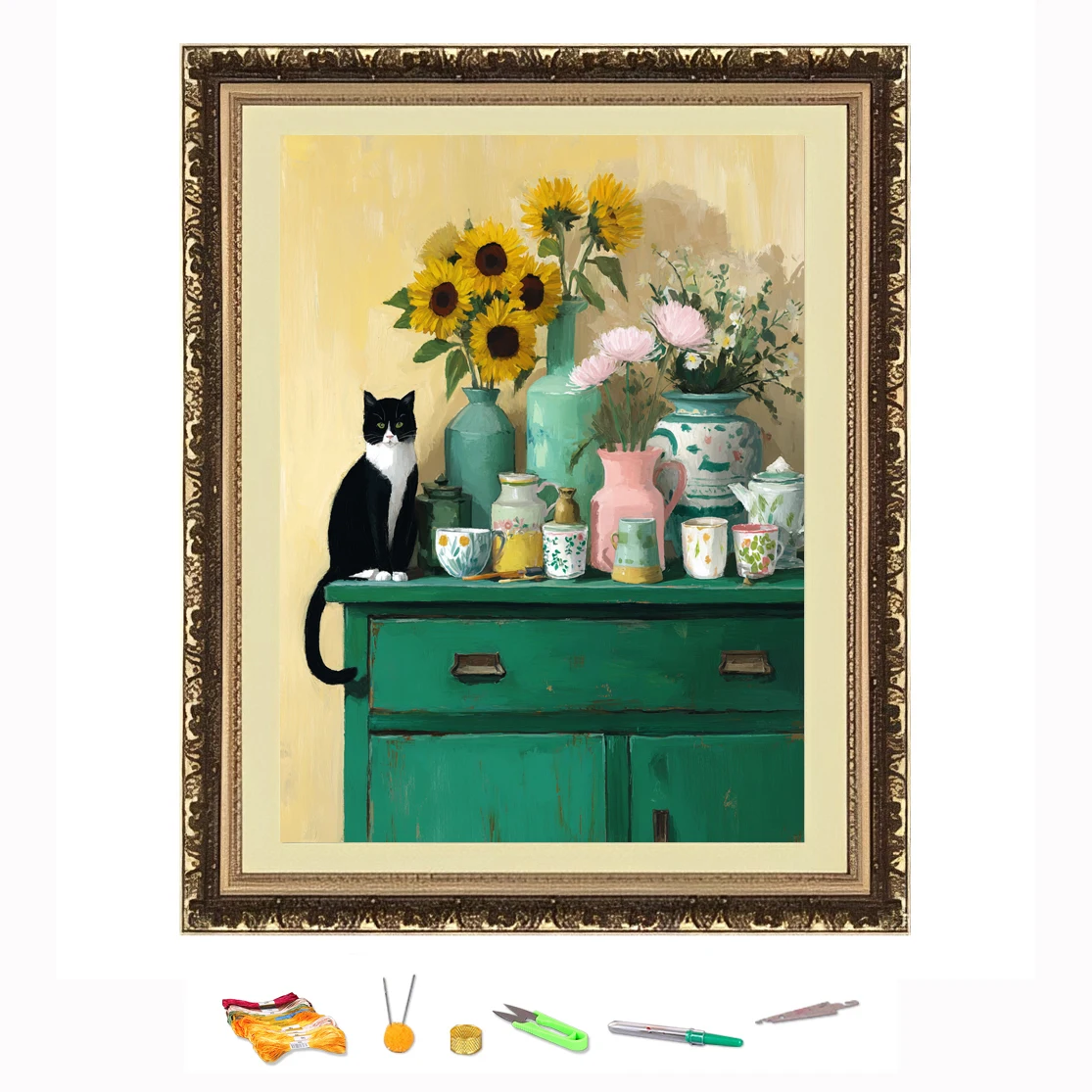 

Вышивка крестиком Кот на корточках рядом с чашкой на столе. Набор для рукоделия своими руками. Украсьте печатную на Canva 11CT.