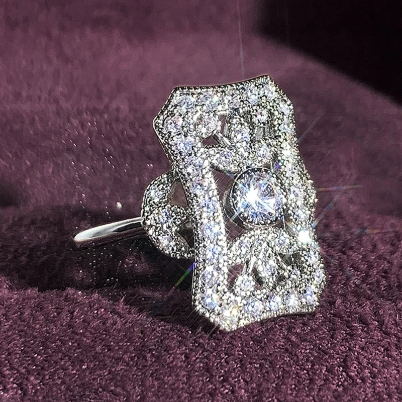 Huitan Rechteckige, aushöhlen, silberfarben, Ringe, Kristall, Zirkonia, luxuriöse Eheringe für Frauen, geometrischer Schmuck