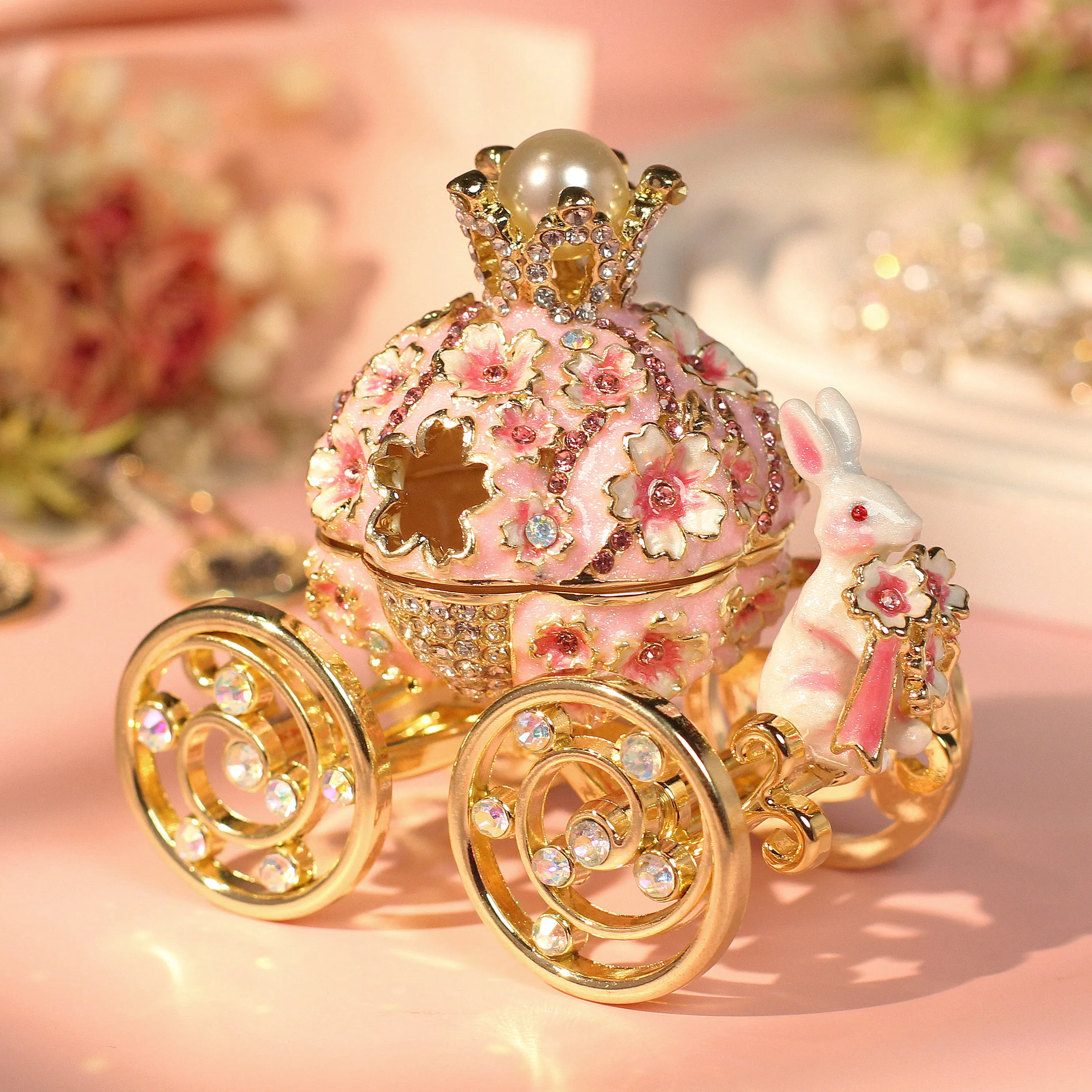 Enamel Jewelry Box Cherry Blossom Rabbit Carriage Wedding Proposal Ring Jewelry Box Ornament Gift