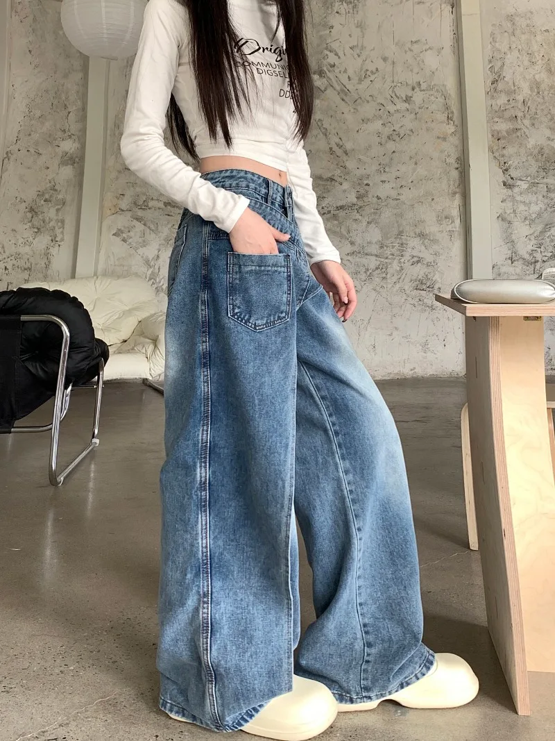 MiiiiX High Street Washed Bleached Patch Designs Jeans Plus Size Loose Denim Long Wide Leg Pants 2024 New Autumn Women Trousers