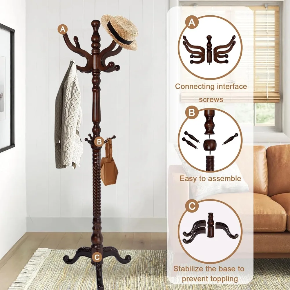 Solid Wood Coat Rack, Free Standing Hall Coat Tree with 11 Hooks, 2 Height Options, 270lbs Load, Stury Base, Clothes Rack for En
