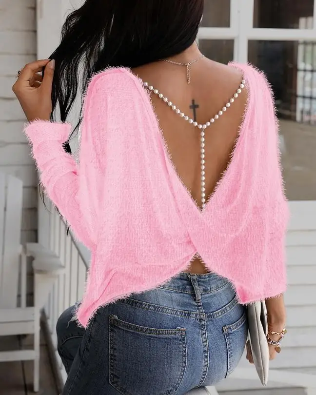 Fashion Woman Blouse 2023 Spring Beaded Strap Twisted Backless Casual Round Neck Plain Long Sleeve Daily Basic Fuzzy Tee Top