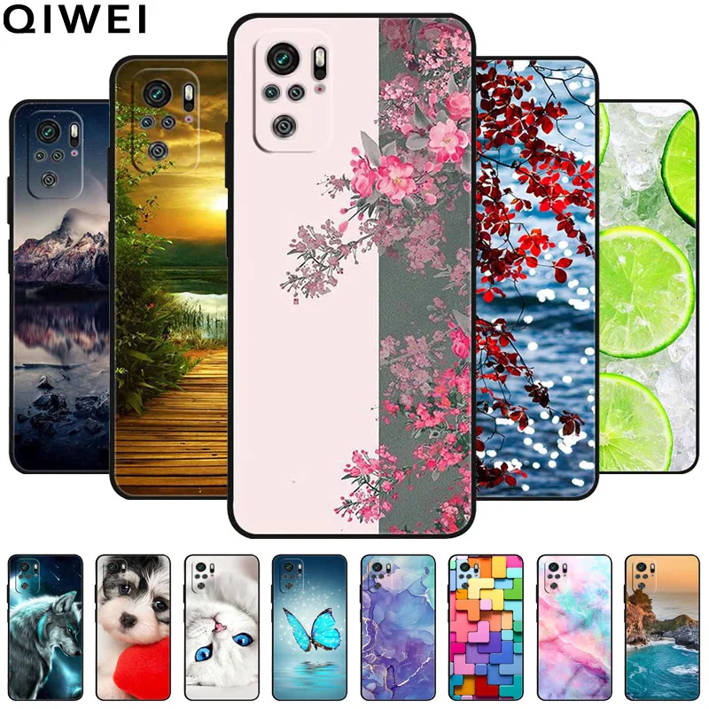 Per Xiaomi Redmi Note 10 4G Custodia nera TPU Paraurti Fiore stampato Cover morbida per Redmi Note10 5G 10T Note 10 Pro 10S Custodie per telefoni