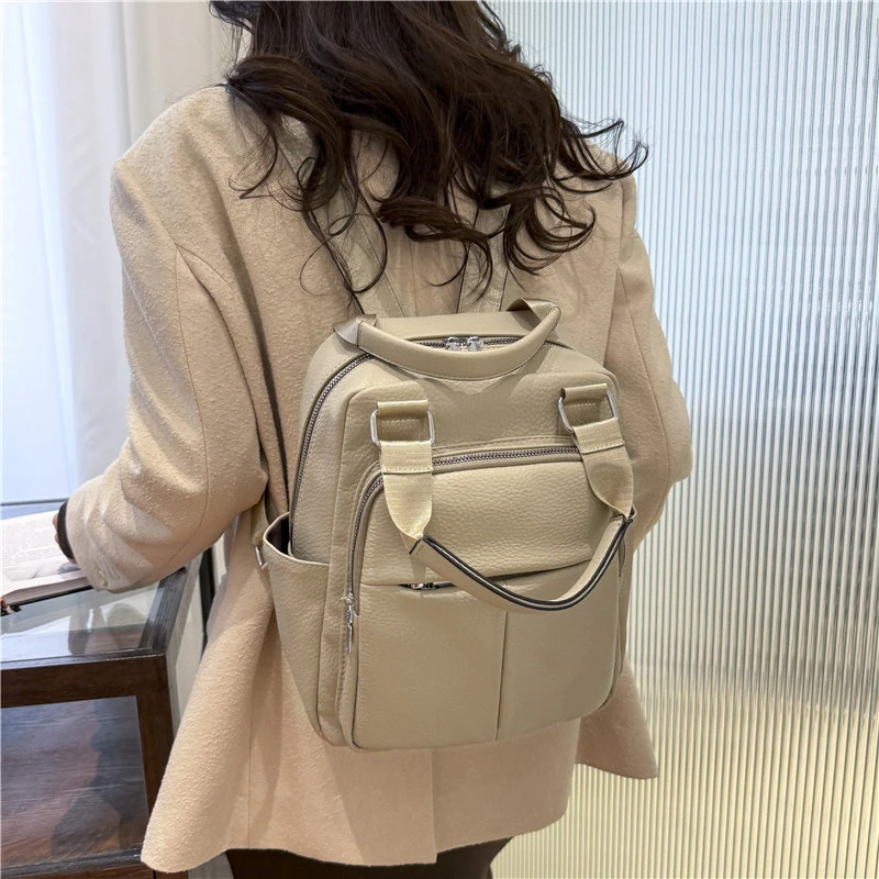 Simple High Quality PU Backpack Zipper Solid Durable Commuting Large Capacity Hand Bags for Women 2024 Fashion Versatile New