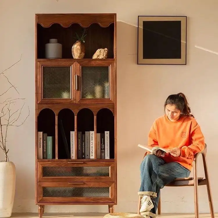 Wall integrated bookcase Cherry wood solid wood bookcase Living room bookcase Household locker Display cabinet