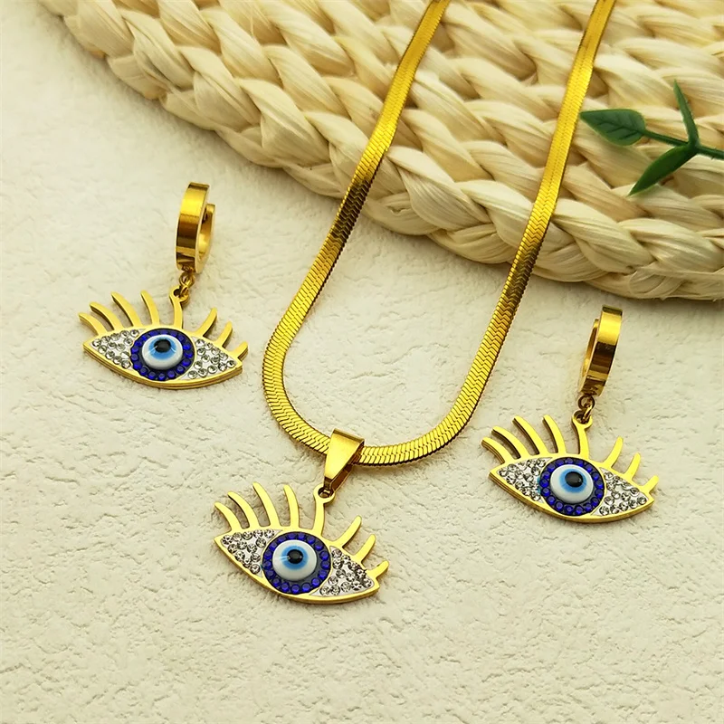 

Evil Blue Eye Jewelry Set for Women Stainless Steel Luxury Rhinestone Magic Turkish Eye Earring Necklaces Party Gift 8386