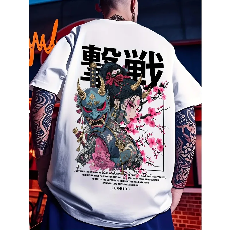 Japanese Samurai Geisha Oni Mask Cherry Blossom T‑Shirt, 3D Print Quick‑Dry Kimono Style Short Sleeve, Casual Loose Fit Tee