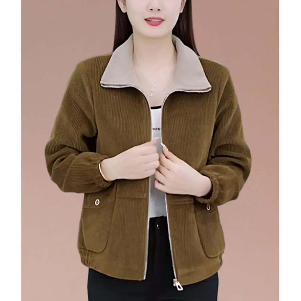 Women\'s Corduroy Short Jacket Autumn Winter New Plush Thicken Warm Coats Middle-aged MotherCasual Zipper Outwear Wild Tops 5XL