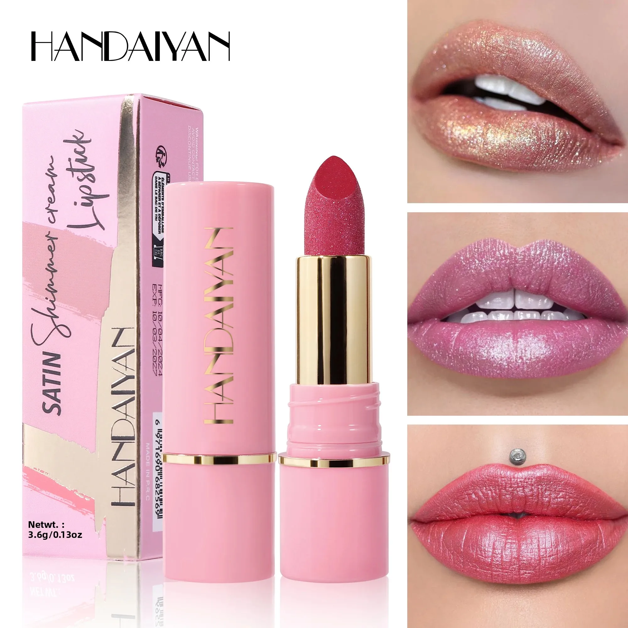 8 Colors Glitter Diamond Lipstick Long-Lasting Pink Brown Pearlescent Metallic Purple Sparkling Lipstick Makeup Cosmetic