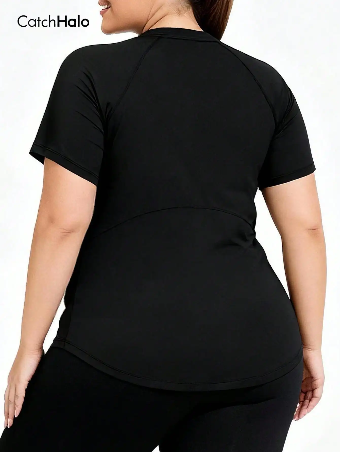 Plus Size Yoga Short Sleeve Tee Solid Black Curved Hem Breathable All Season Daily Commute Casual Top