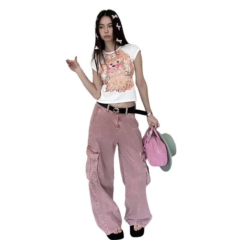 Jean longueur cheville droit coupe ample femmes Cargo pantalon Vintage solide poches Denim épissé lavé 2025 été haute rue