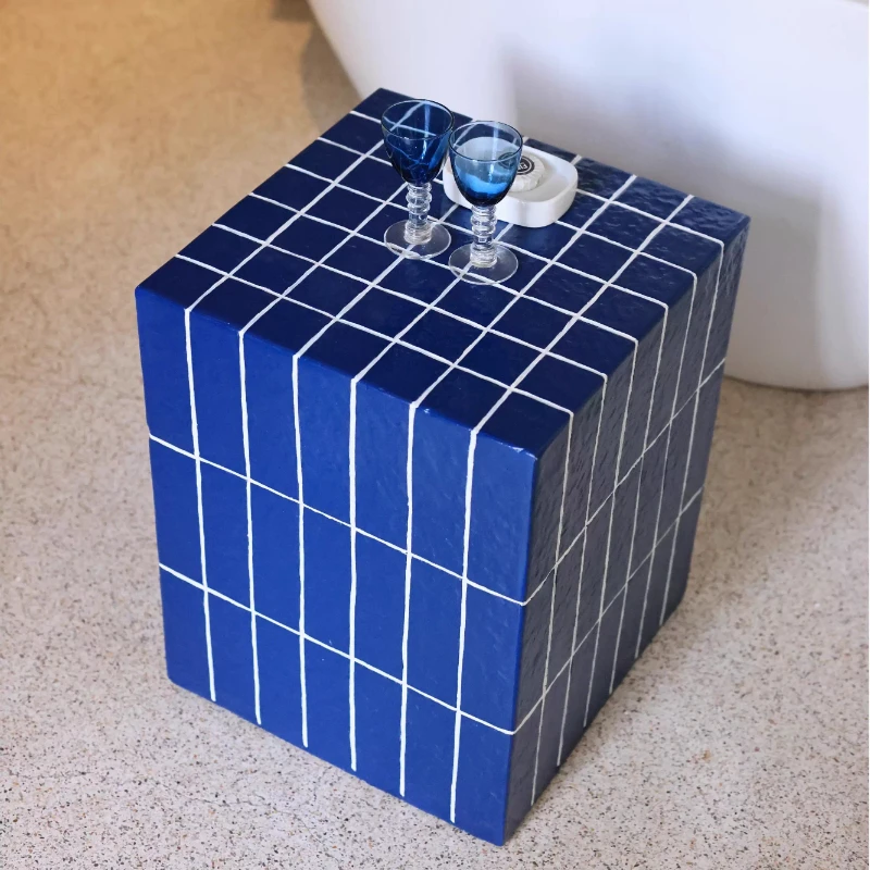

Royal Blue Mosaic Side Tables Geometric End Desk for Cafe Korean Style Nightstand for Living Room Modern Minimalist Coffee Table