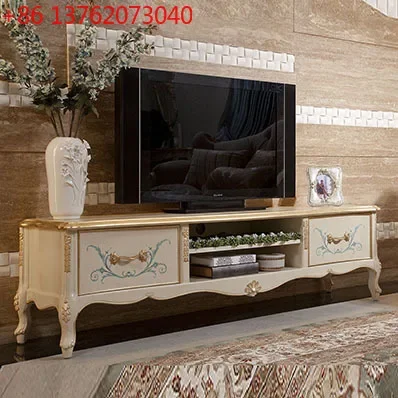 

French TV cabinet, living room solid wood audition cabinet, beige gold-painted floor cabinet