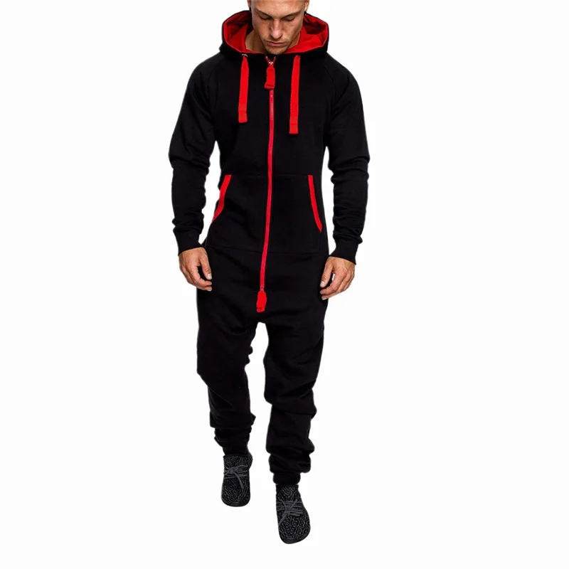 Men s Fleece Hooded Jumpsuits with Pockets Contrast Color Long Sleeve Zipper Up Overalls Sweatsuits