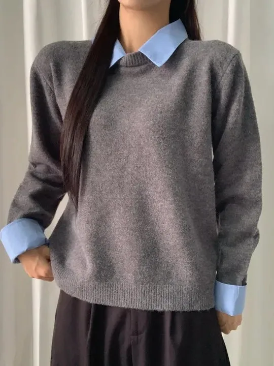 

Женский вязаный свитер с отложным воротником в винтажном стиле, имитирующий двухслойный образ, модный осенне-зимний шикарный топ