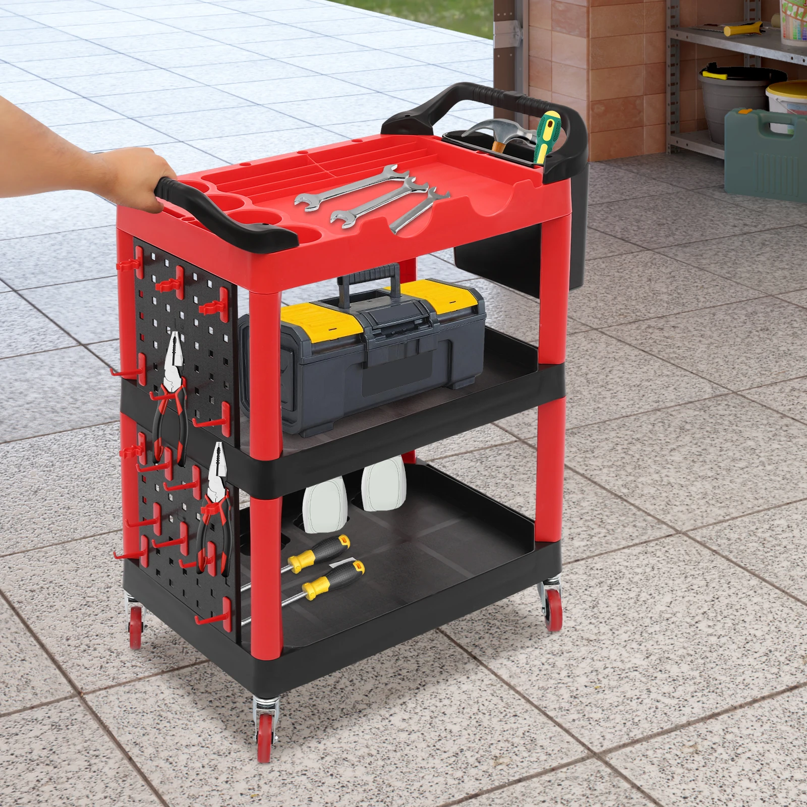 

3-Tier Rolling Tool Cart, 300lb Capacity with 4 Swivel Wheels, Storage Organizer for Garage/Workshop, Includes Tool Basket