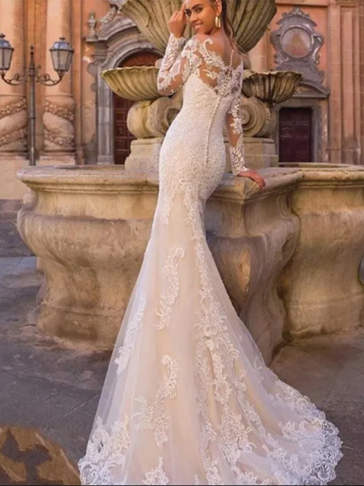 Abiti da sposa a sirena di lusso 2023 o-collo Appliques a maniche lunghe treno staccabile 2 In 1 abiti da sposa In pizzo Vestidos De Novia