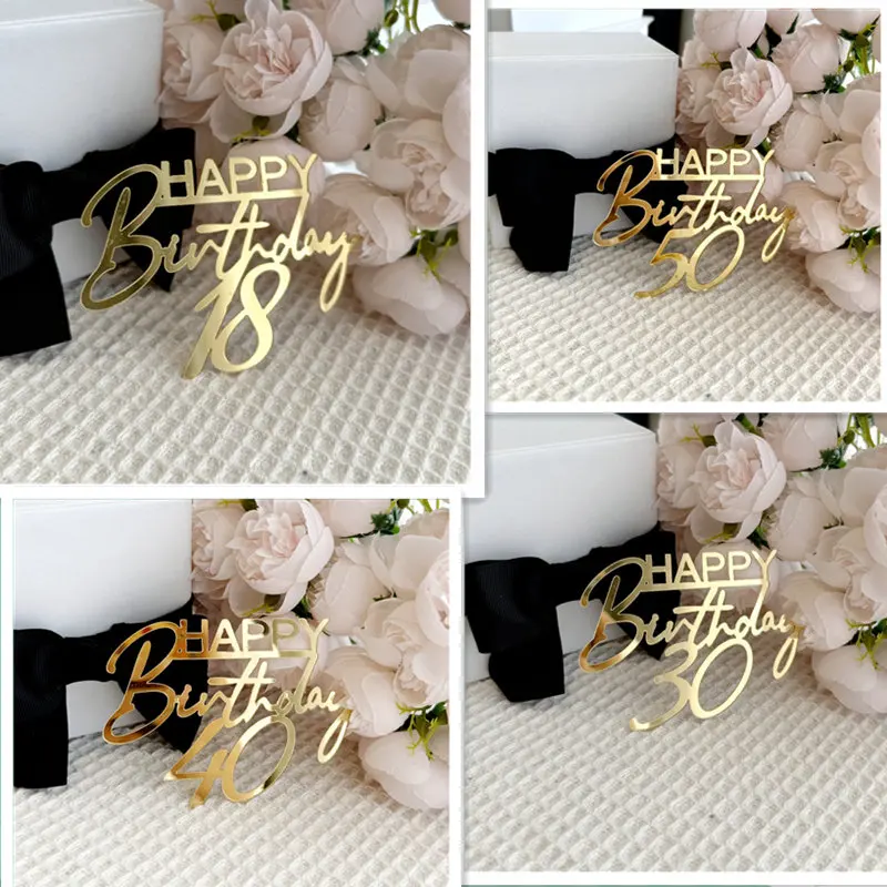 Number 18, 30, 40 Happy Birthday Cake Topper Decoration Gold Side Acrylic Kids Birthday Party Cake Toppers Gift Baking Supplies