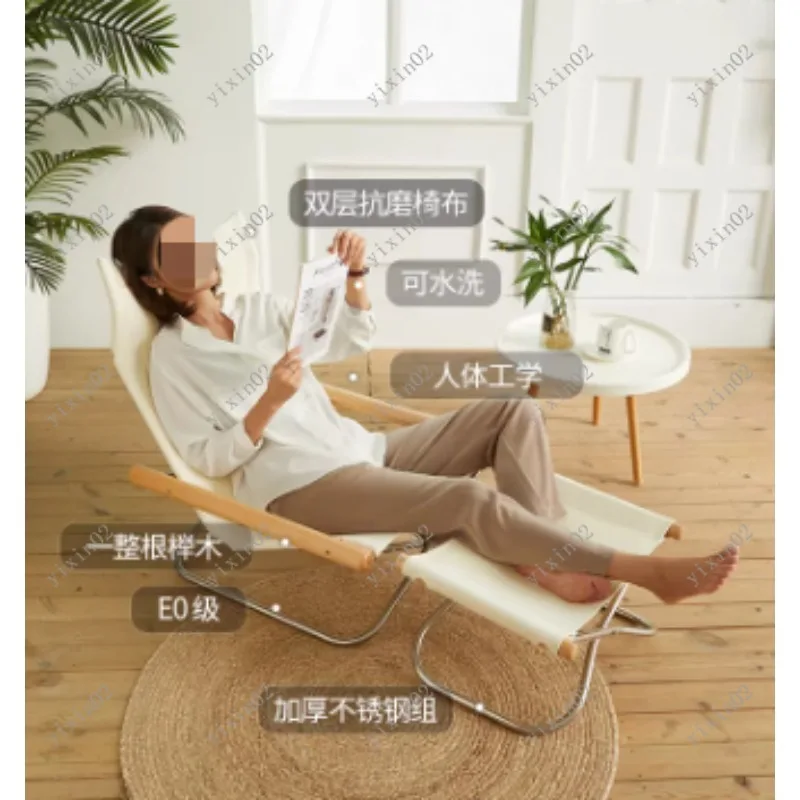 Outdoor Canvas Recliner Chair Folding Comfortable Lazy Chair with Stand for Balcony Beach Leisure Use
