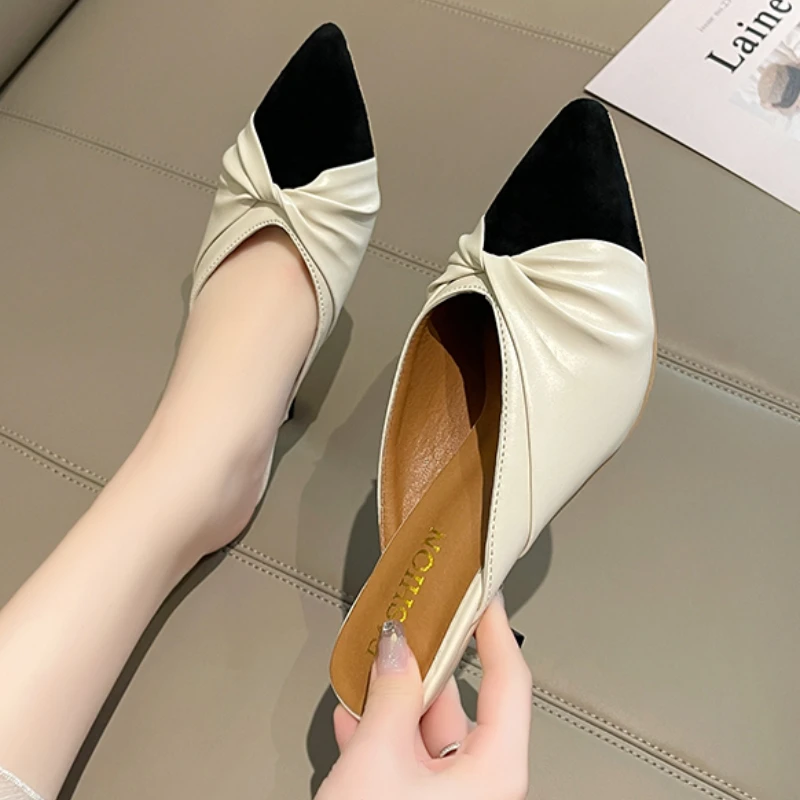 Women's Slippers Summer New with Pointed Curved Surface Color Matching Half Drag Fashion Temperament Increase Slipper Heels