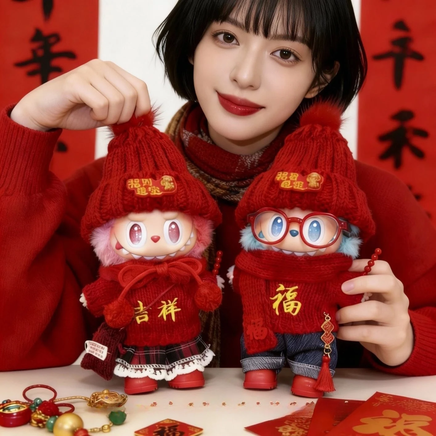 

Для куклы labubu, новогодняя одежда, вязаная шапка-бини, красный вязаный свитер, вязаный шарф, комплект джинсовых брюк в стиле ретро, одежда для куклы