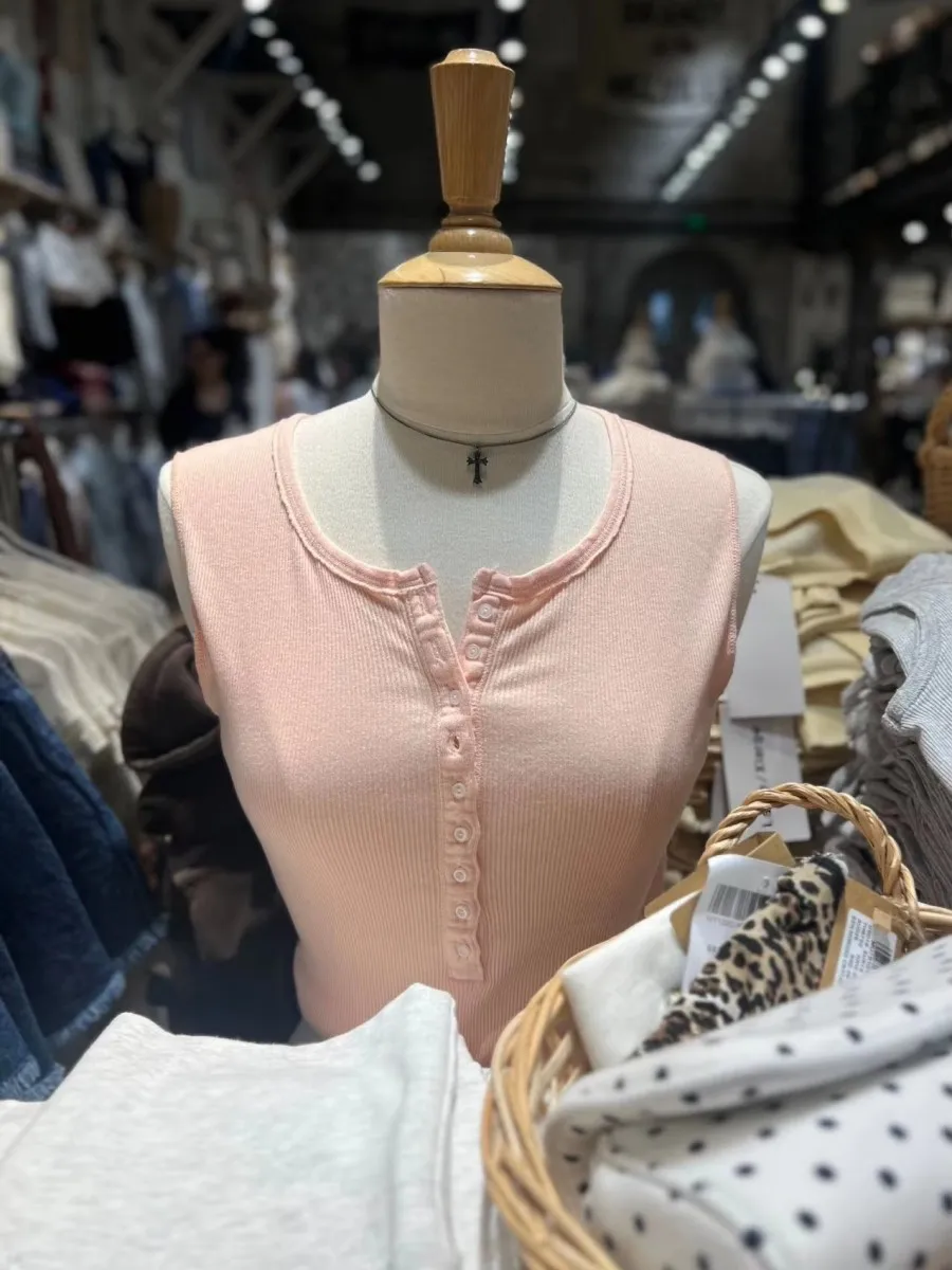 Coral Orange Ribbed Buttons Tank Tops Women Summer Casual O-neck Sleeveless Cotton Slim Vest Vintage Preppy Style Camisole Y2K
