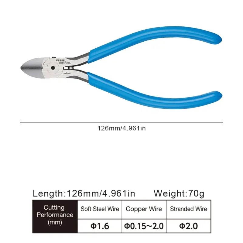 VESSEL HMN-125A Japan Import - 125mm Diagonal Plier/Cutter, Cuts Soft Iron/Copper/Standard Wire, Electro-Tool