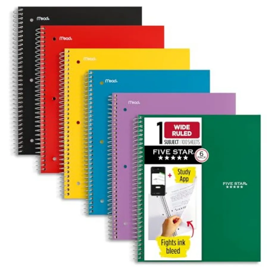 

Spiral Notebook + Study App, 6 Pack, 1 Subject, Wide Ruled Paper, 8" x 10-1/2", 100 Sheets, Fights Ink Bleed, Water Resistant C