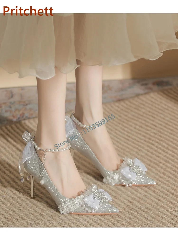 Butterfly Knot Lace Pumps Pointy Toe Thin Heels Ankle Pearls Chain Wedding Shoes Button Solid Silvery Stiletto Shoes Gorgeous