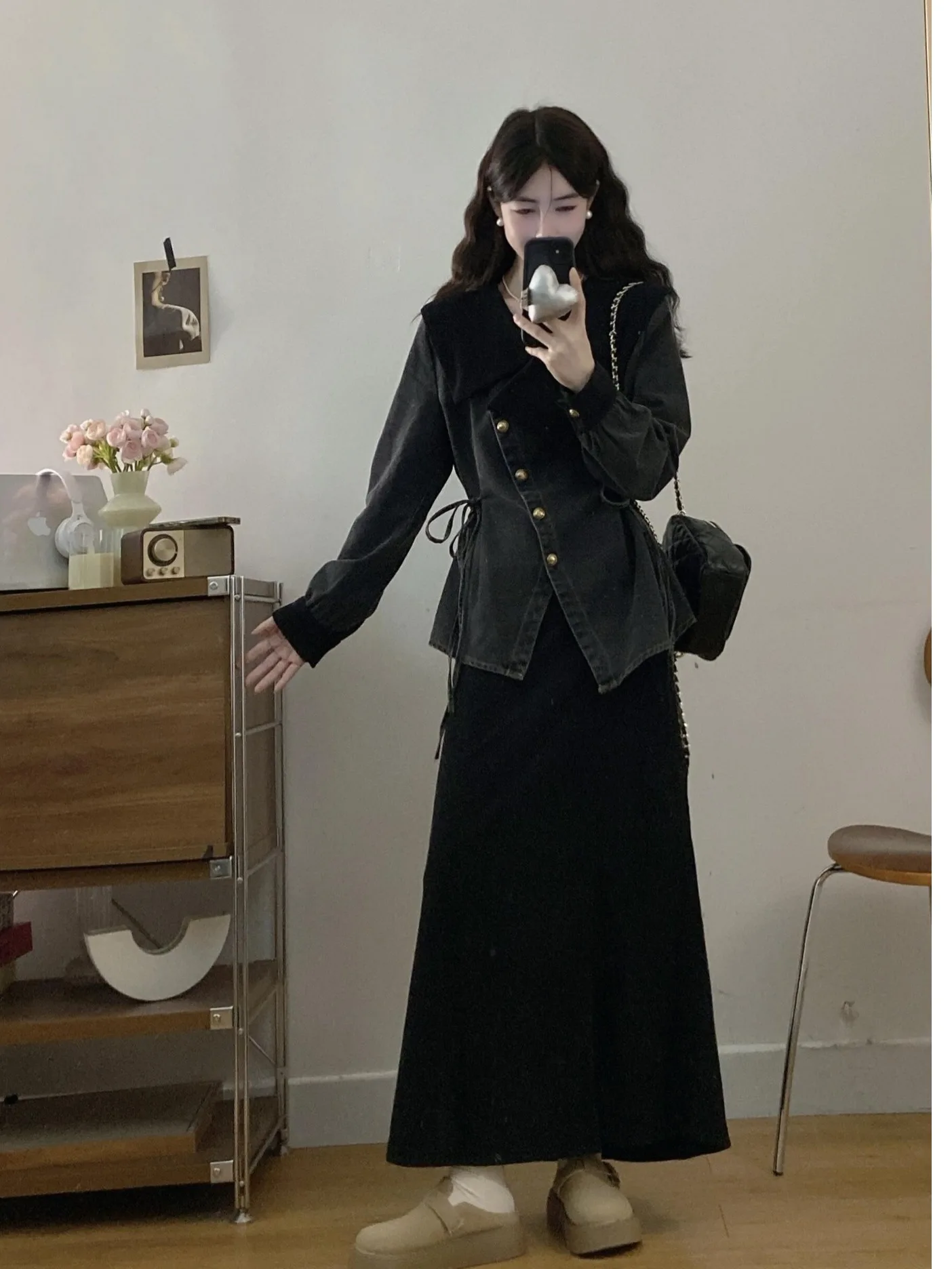

plus Size Women's American Retro Denim Patchwork Top Coat High Waist Ele Skirt Set Autumn Winter New Sle Commute
